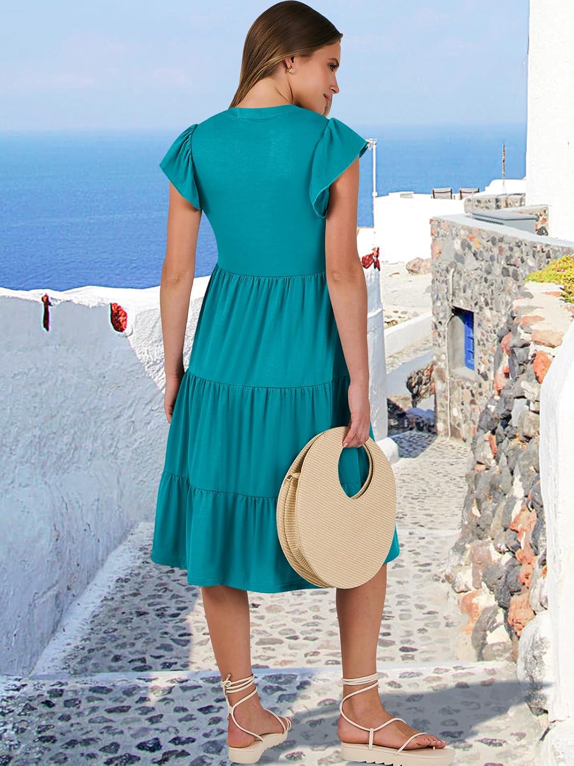 Womens Ruffle Sleeve V Neck Midi Dress Flowy Tiered Boho Beach Vacation Sundress - Picture 47 of 198