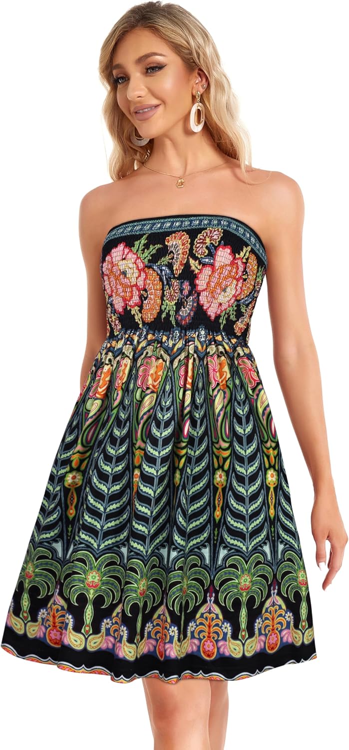 Summer Dresses for Women Beach Cover Ups Strapless Boho Floral Print Sundress - Picture 101 of 248