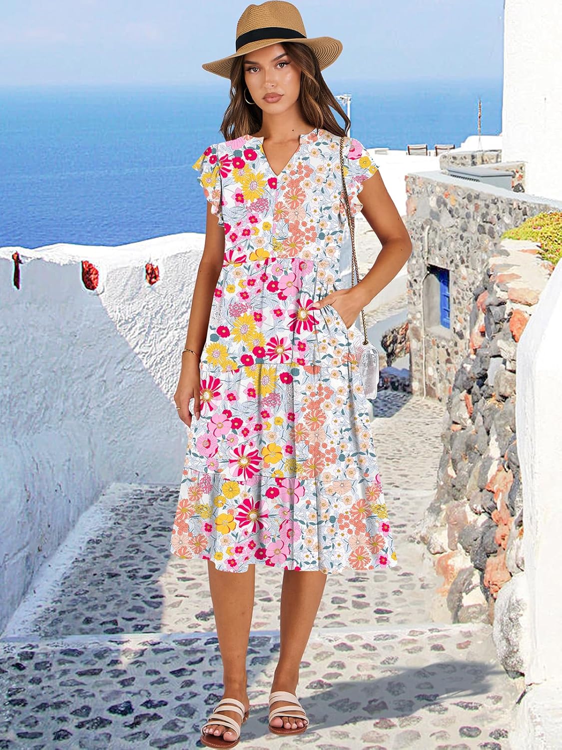 Womens Ruffle Sleeve V Neck Midi Dress Flowy Tiered Boho Beach Vacation Sundress - Picture 50 of 198