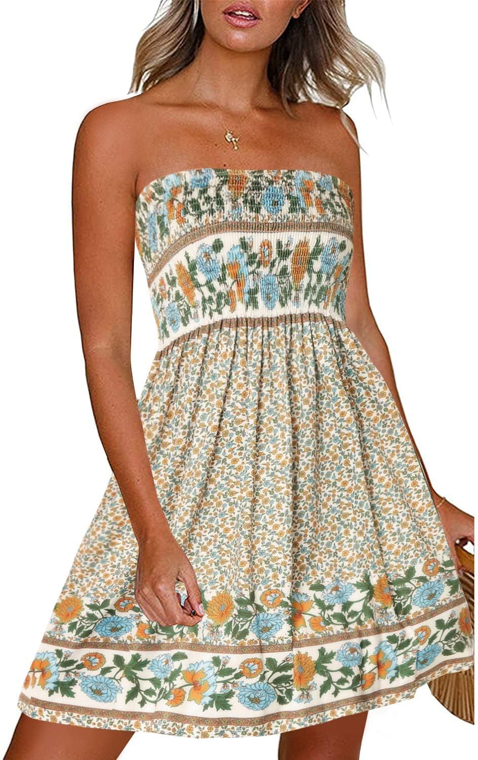 Summer Dresses for Women Beach Cover Ups Strapless Boho Floral Print Sundress - Picture 102 of 248