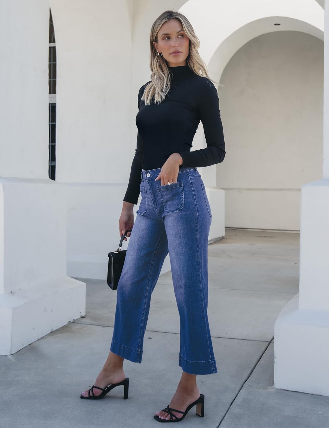 Trendige Damen High Waist Schlag Jeans Stretchy Cropped Wide Leg Denim Hose - Bild 145 von 146