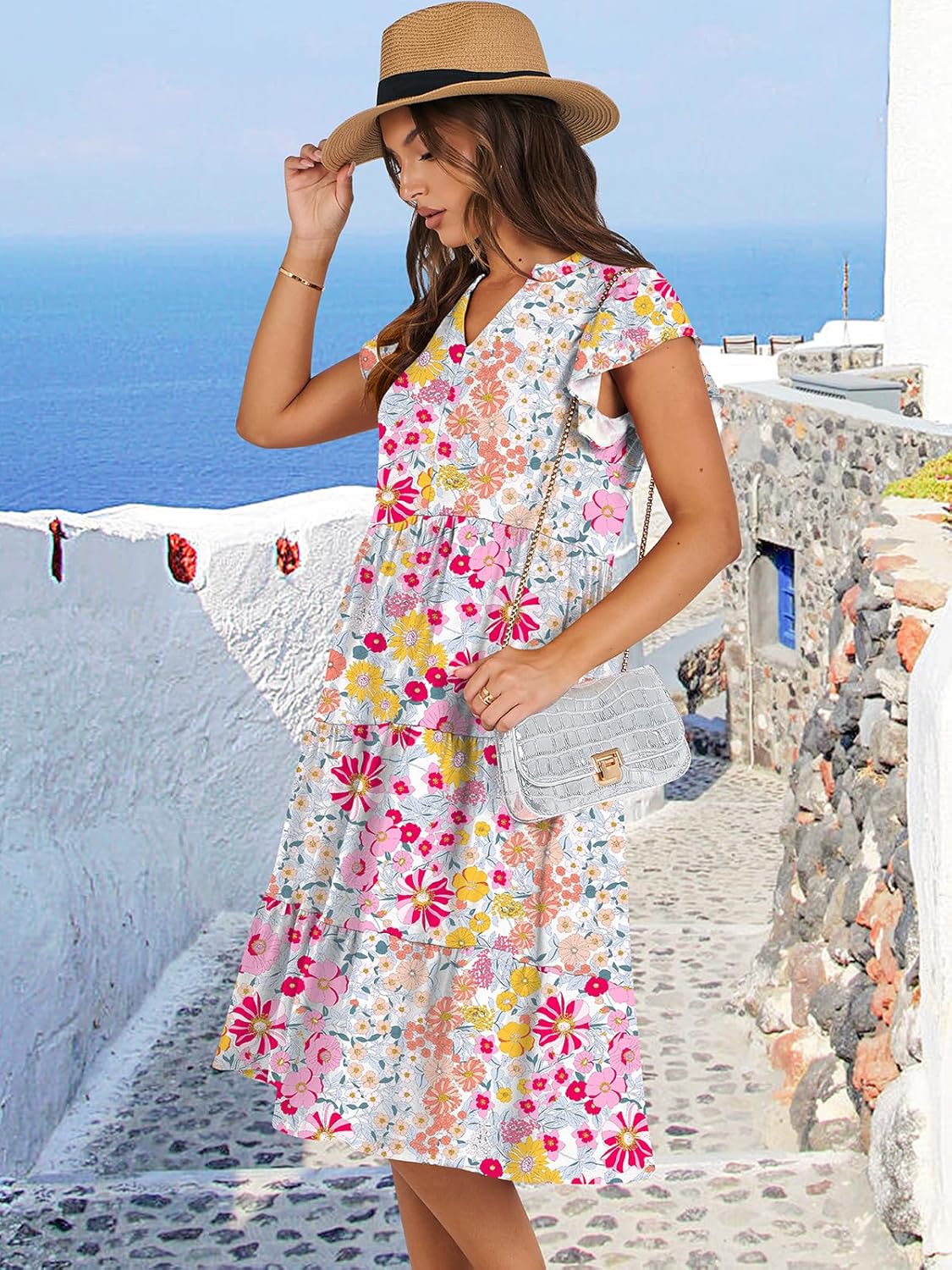Womens Ruffle Sleeve V Neck Midi Dress Flowy Tiered Boho Beach Vacation Sundress - Picture 51 of 198