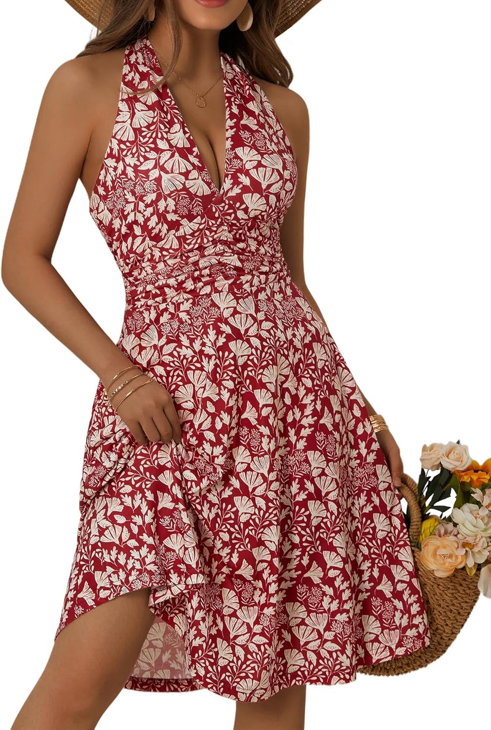Women's Sleeveless Halter Neck Sundress Floral Mini Dress with Pocket Ruffle - Picture 115 of 166