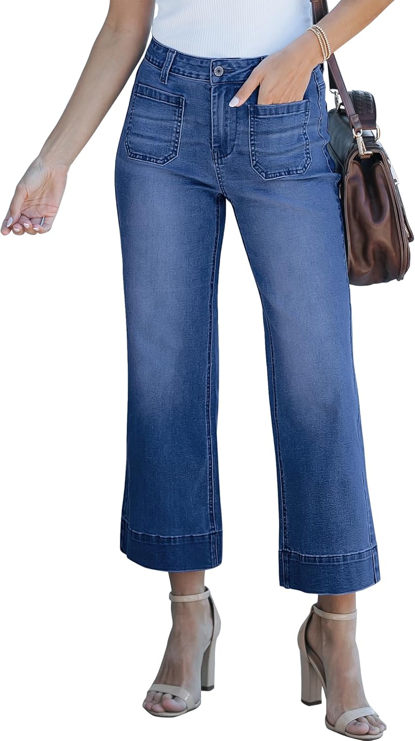 Trendige Damen High Waist Schlag Jeans Stretchy Cropped Wide Leg Denim Hose - Bild 146 von 146