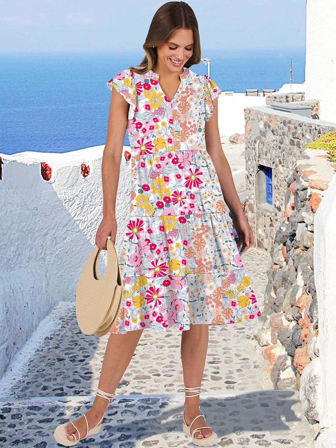 Womens Ruffle Sleeve V Neck Midi Dress Flowy Tiered Boho Beach Vacation Sundress - Picture 52 of 198