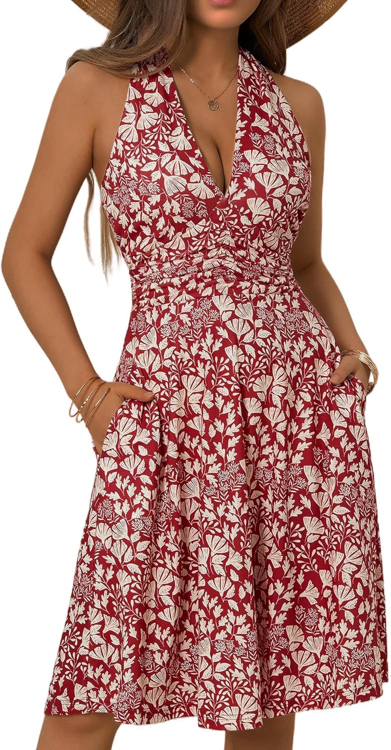 Women's Sleeveless Halter Neck Sundress Floral Mini Dress with Pocket Ruffle - Picture 116 of 166