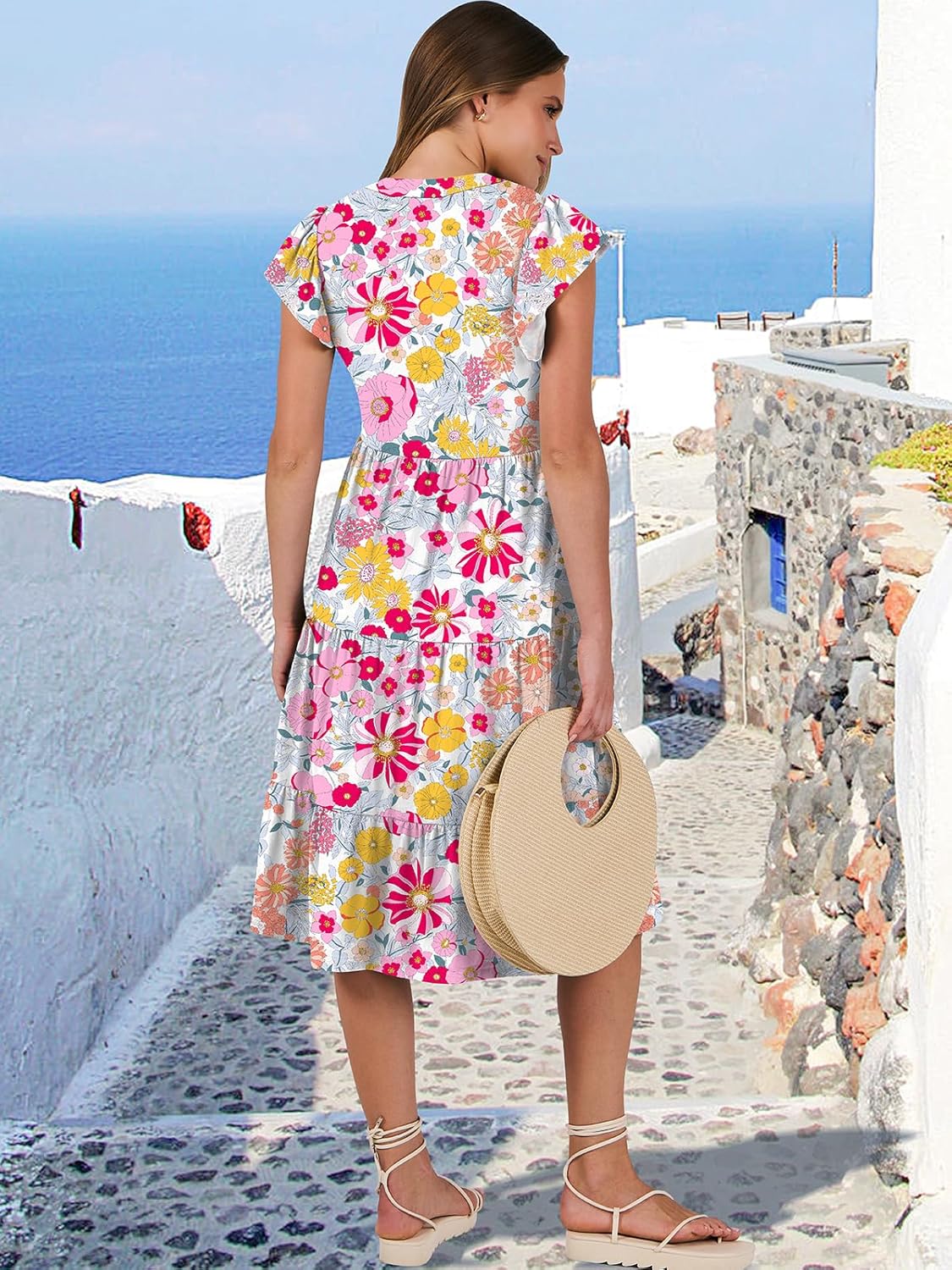 Womens Ruffle Sleeve V Neck Midi Dress Flowy Tiered Boho Beach Vacation Sundress - Picture 53 of 198