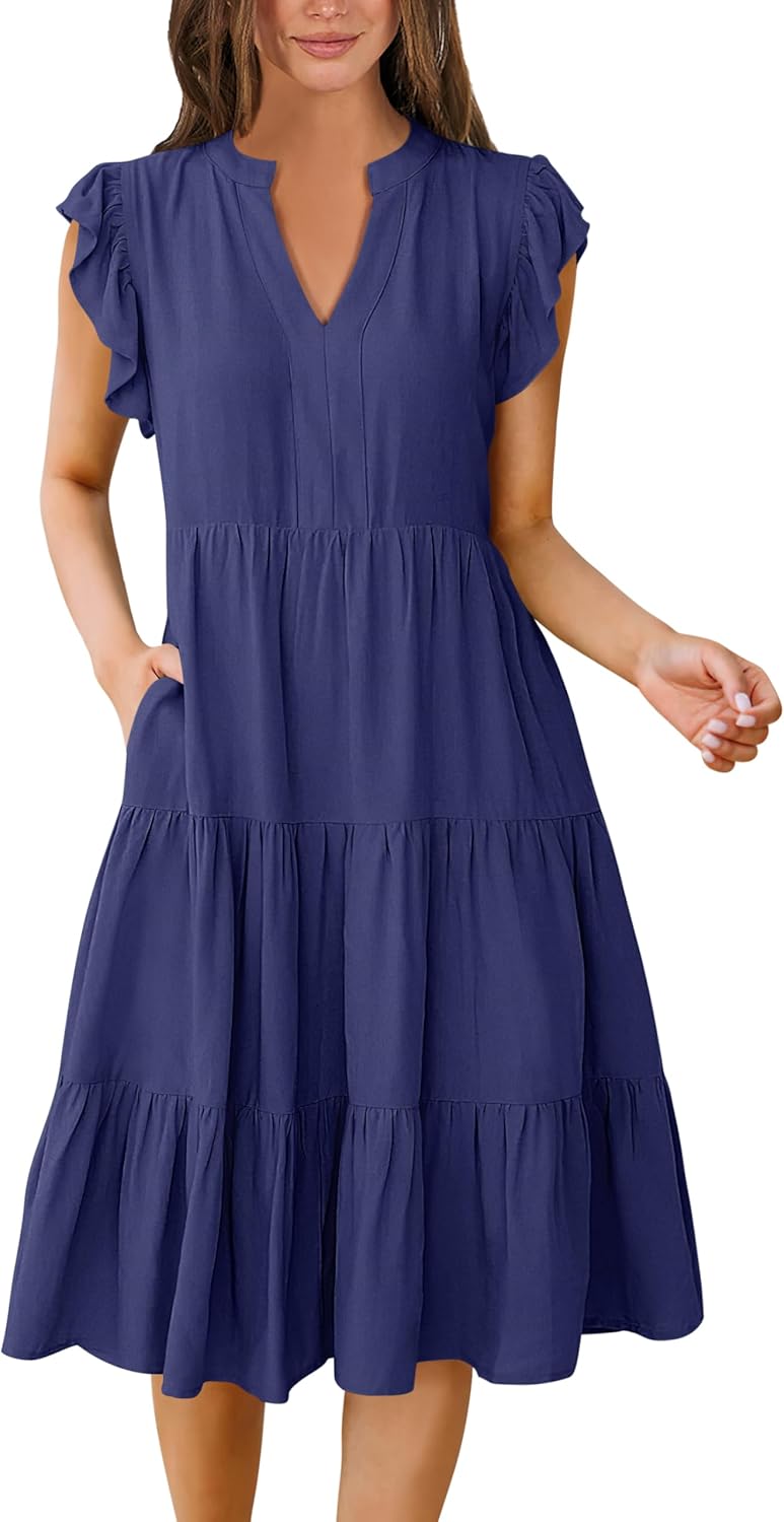 Womens Ruffle Sleeve V Neck Midi Dress Flowy Tiered Boho Beach Vacation Sundress - Picture 55 of 198