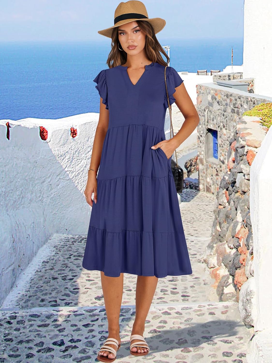 Womens Ruffle Sleeve V Neck Midi Dress Flowy Tiered Boho Beach Vacation Sundress - Picture 56 of 198