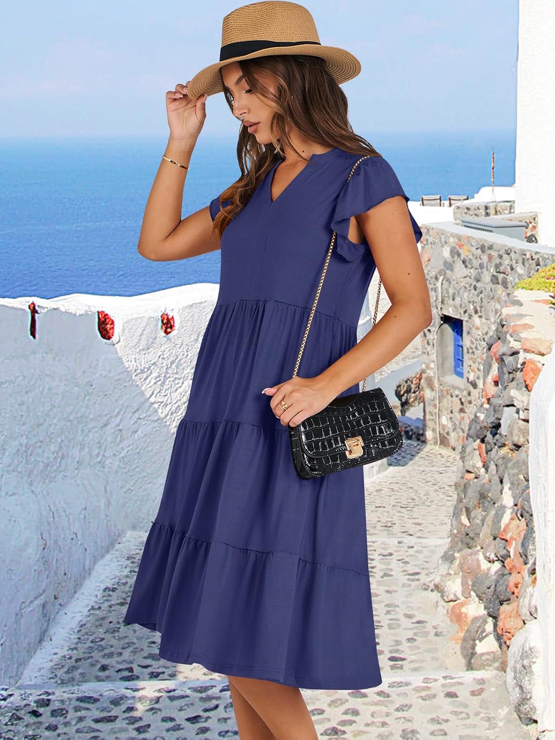 Womens Ruffle Sleeve V Neck Midi Dress Flowy Tiered Boho Beach Vacation Sundress - Picture 57 of 198