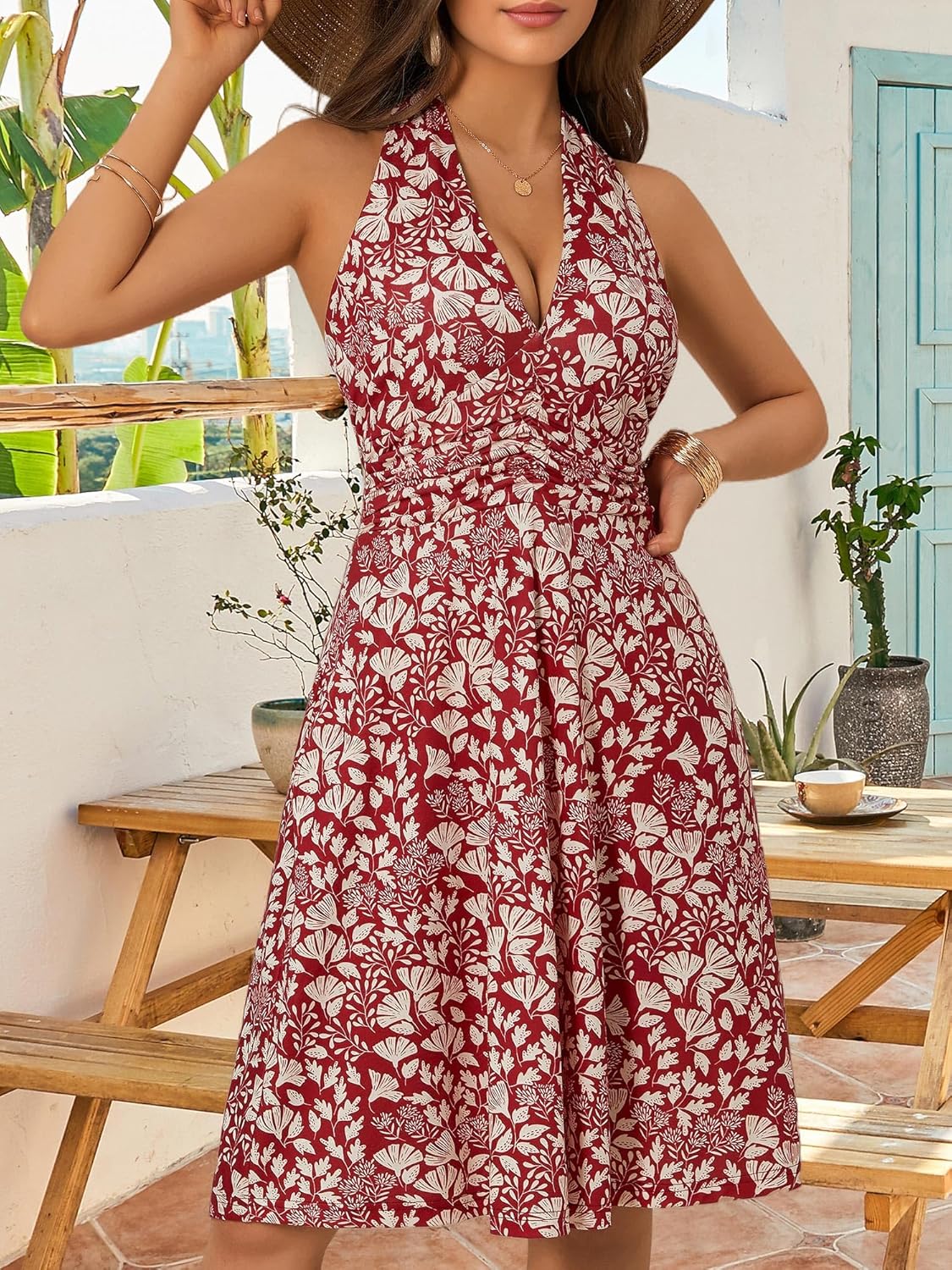 Women's Sleeveless Halter Neck Sundress Floral Mini Dress with Pocket Ruffle - Picture 119 of 166