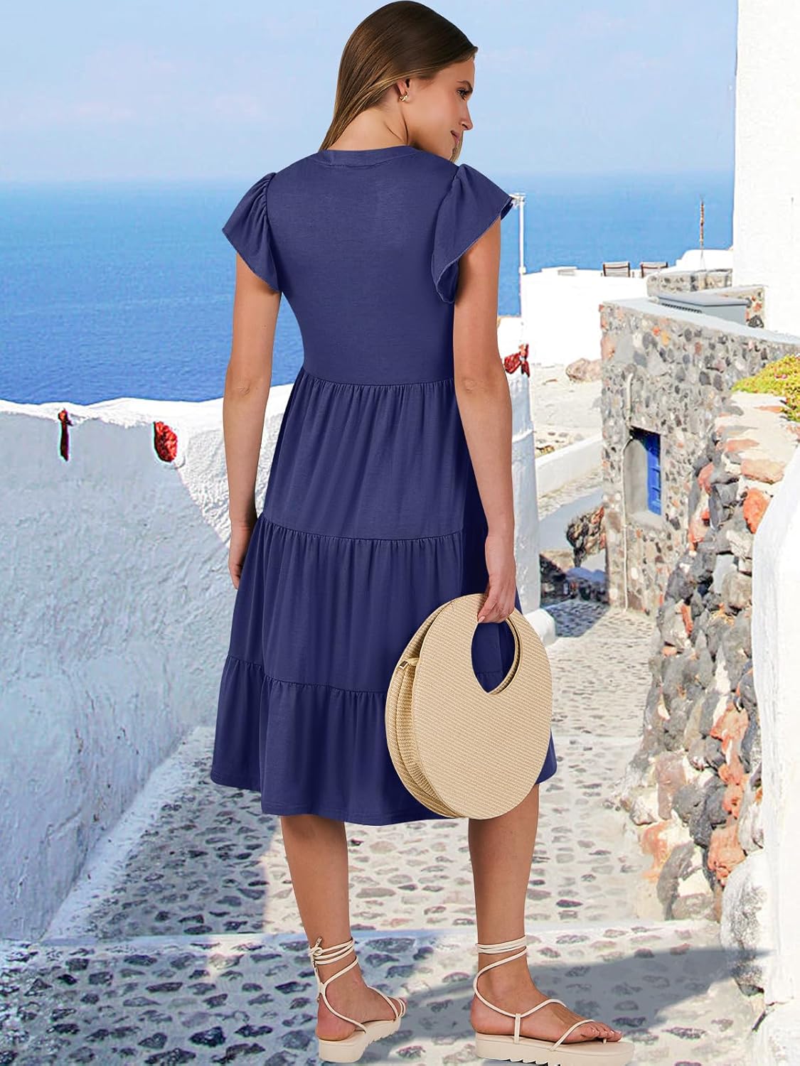 Womens Ruffle Sleeve V Neck Midi Dress Flowy Tiered Boho Beach Vacation Sundress - Picture 59 of 198