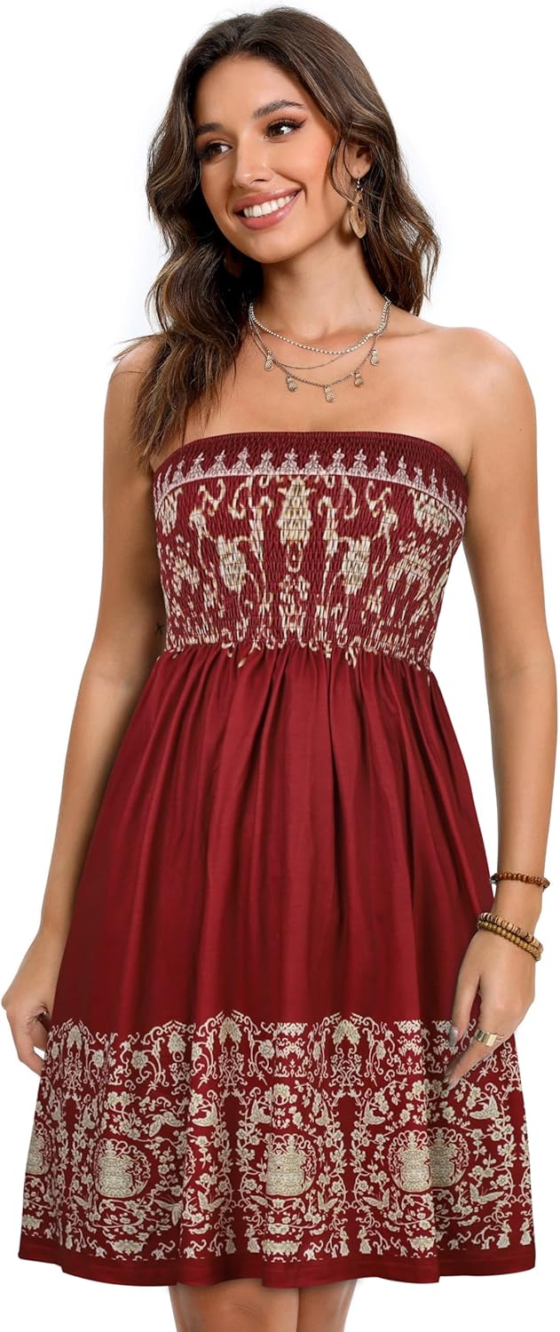 Summer Dresses for Women Beach Cover Ups Strapless Boho Floral Print Sundress - Picture 109 of 248