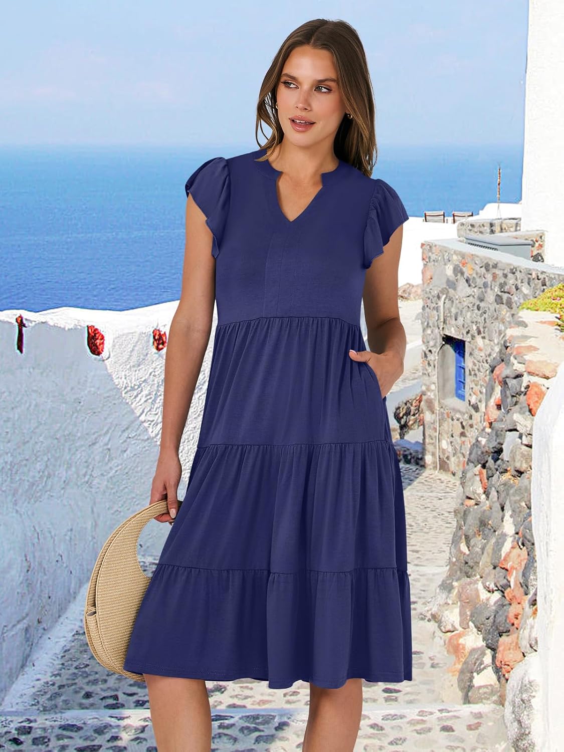 Womens Ruffle Sleeve V Neck Midi Dress Flowy Tiered Boho Beach Vacation Sundress - Picture 60 of 198