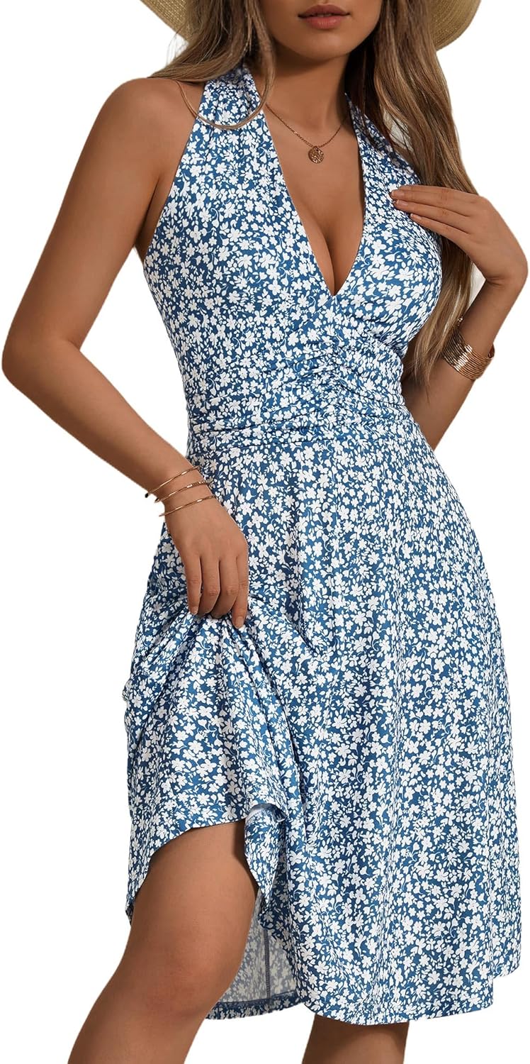Women's Sleeveless Halter Neck Sundress Floral Mini Dress with Pocket Ruffle - Picture 122 of 166
