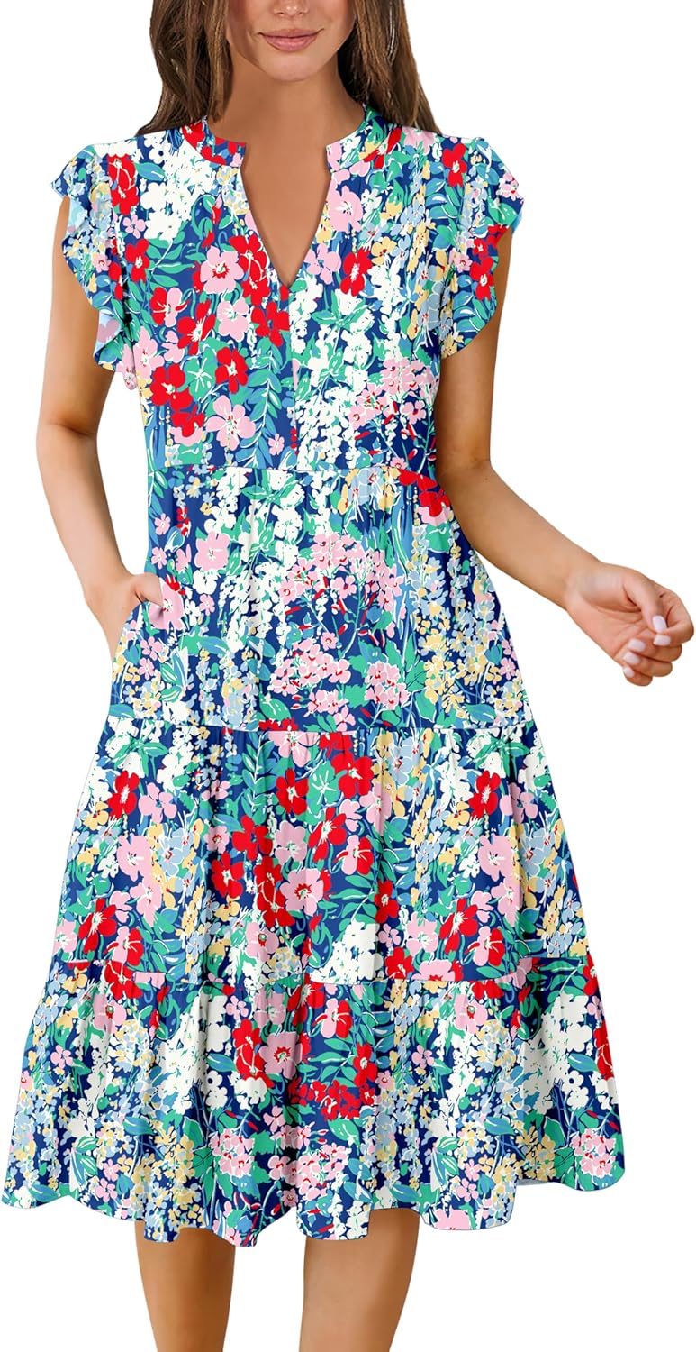 Womens Ruffle Sleeve V Neck Midi Dress Flowy Tiered Boho Beach Vacation Sundress - Picture 61 of 198