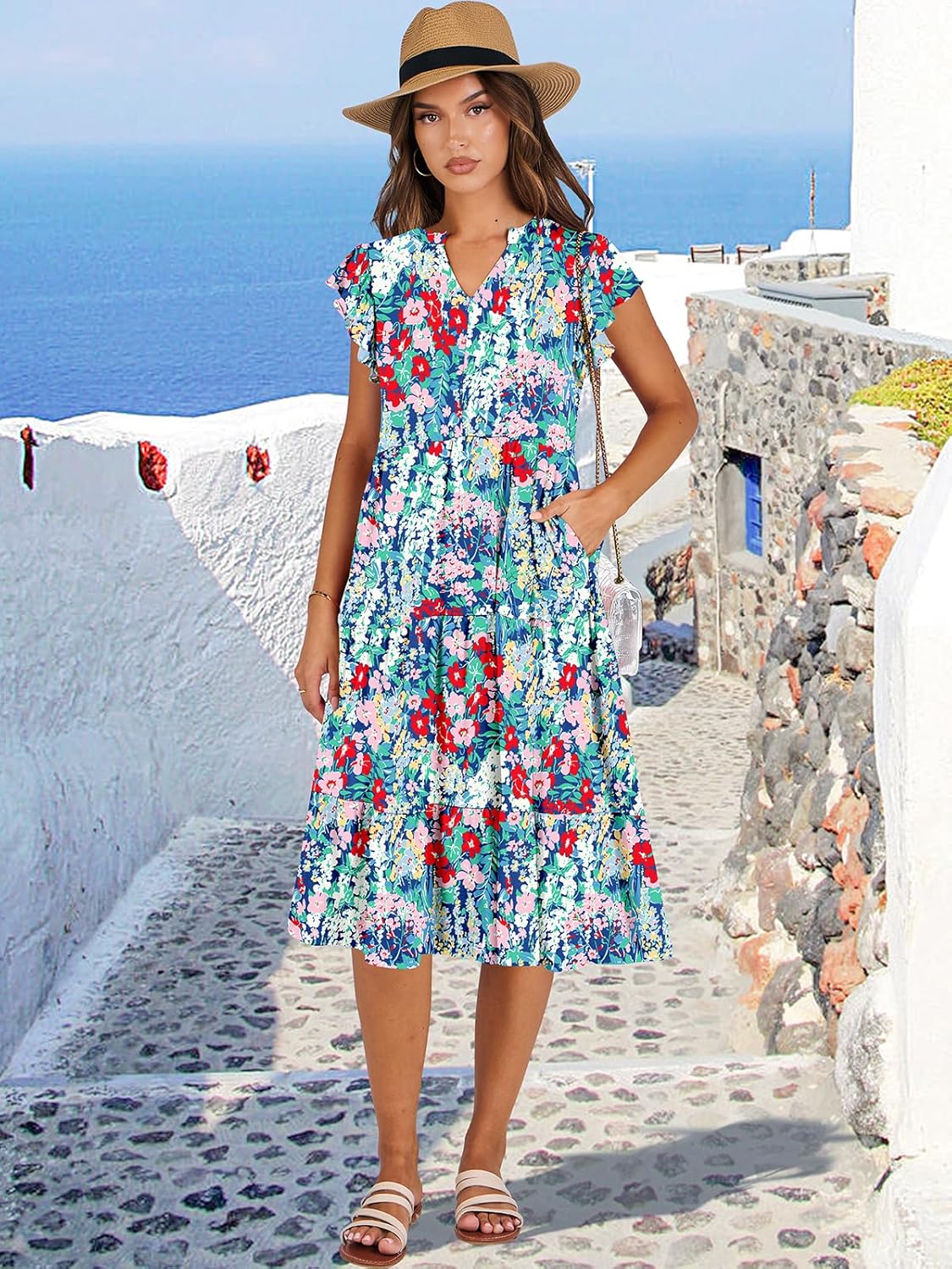 Womens Ruffle Sleeve V Neck Midi Dress Flowy Tiered Boho Beach Vacation Sundress - Picture 62 of 198