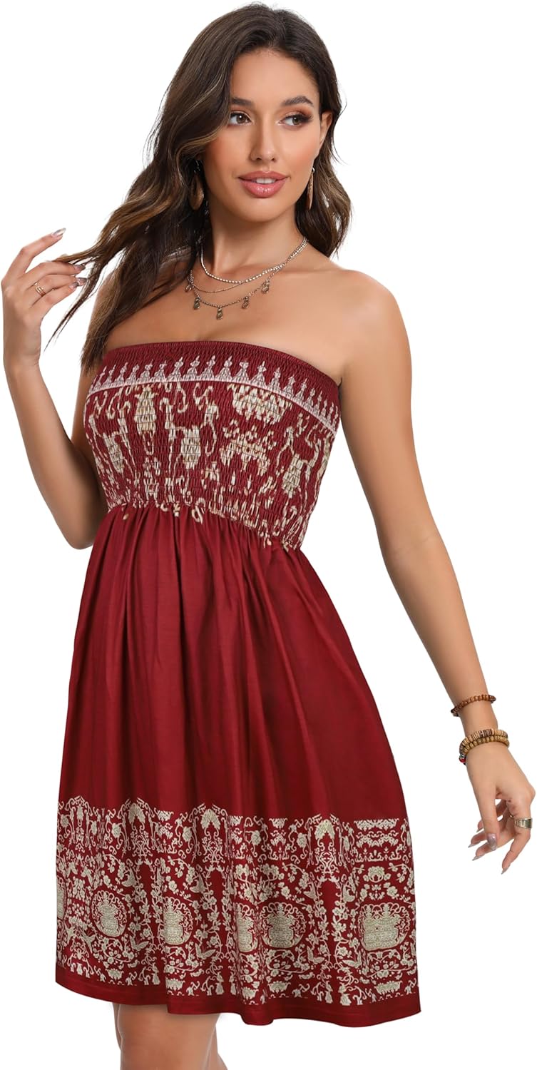 Summer Dresses for Women Beach Cover Ups Strapless Boho Floral Print Sundress - Picture 111 of 248