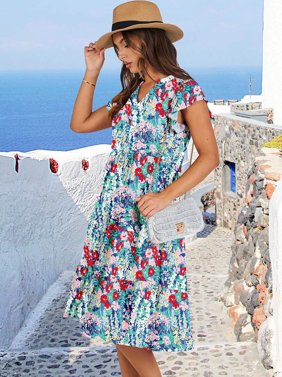 Womens Ruffle Sleeve V Neck Midi Dress Flowy Tiered Boho Beach Vacation Sundress - Picture 63 of 198