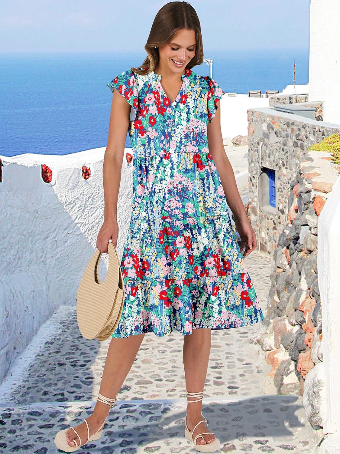 Womens Ruffle Sleeve V Neck Midi Dress Flowy Tiered Boho Beach Vacation Sundress - Picture 64 of 198
