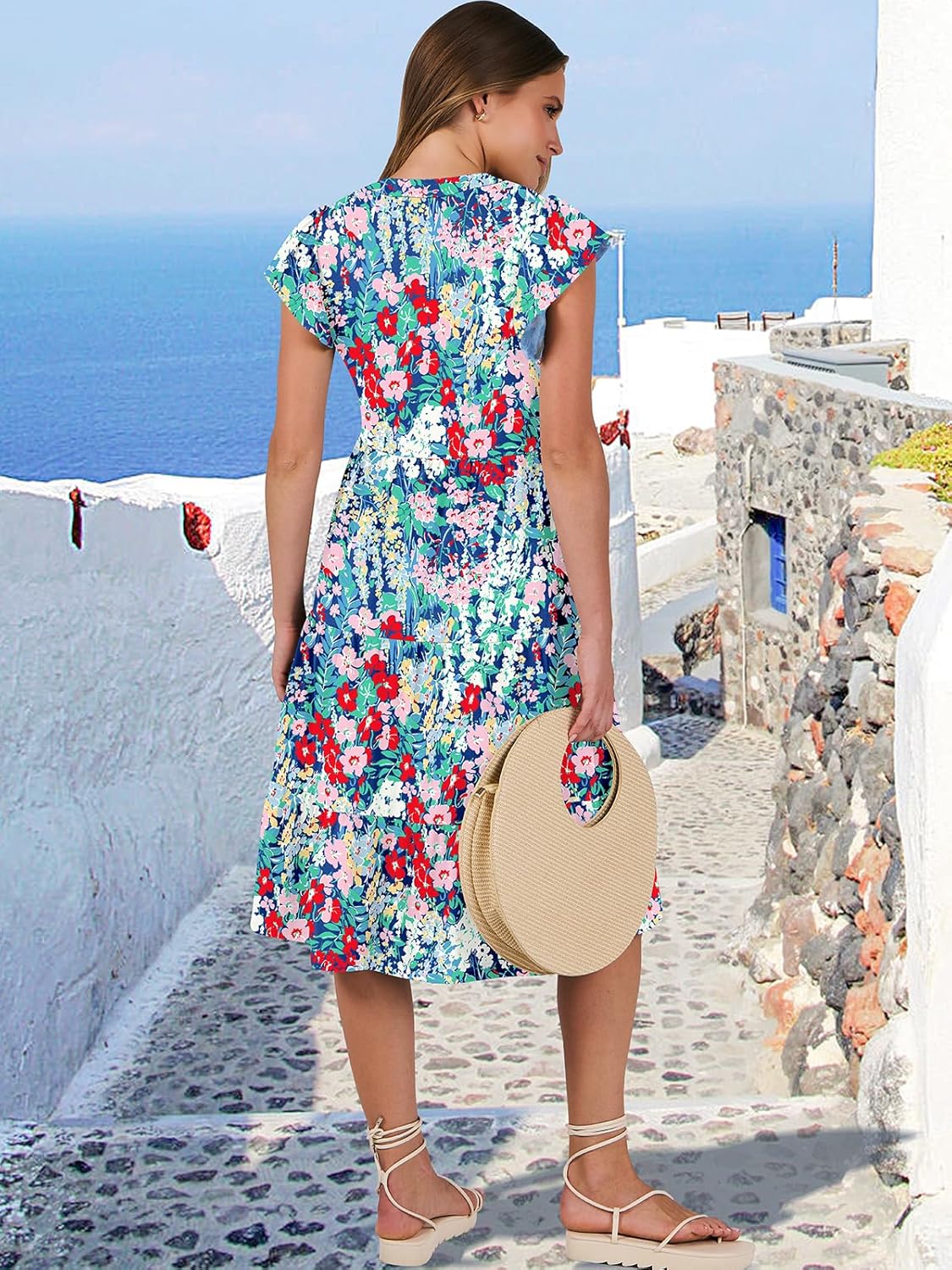 Womens Ruffle Sleeve V Neck Midi Dress Flowy Tiered Boho Beach Vacation Sundress - Picture 65 of 198