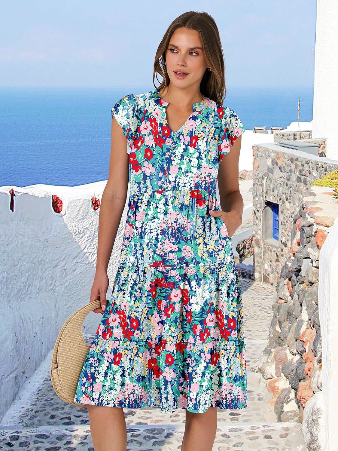 Womens Ruffle Sleeve V Neck Midi Dress Flowy Tiered Boho Beach Vacation Sundress - Picture 66 of 198