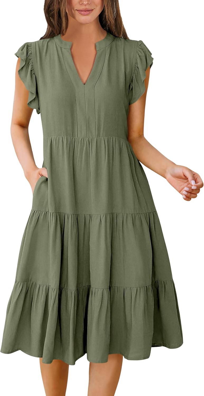 Womens Ruffle Sleeve V Neck Midi Dress Flowy Tiered Boho Beach Vacation Sundress - Picture 67 of 198