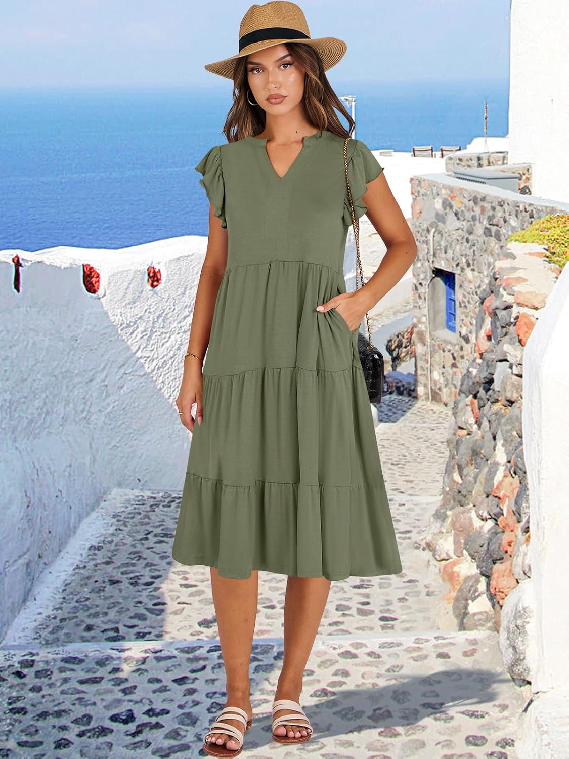 Womens Ruffle Sleeve V Neck Midi Dress Flowy Tiered Boho Beach Vacation Sundress - Picture 68 of 198