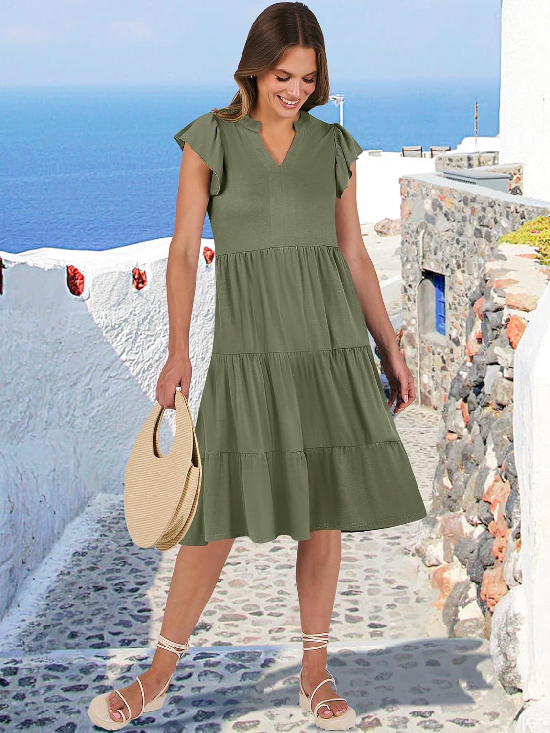 Womens Ruffle Sleeve V Neck Midi Dress Flowy Tiered Boho Beach Vacation Sundress - Picture 70 of 198