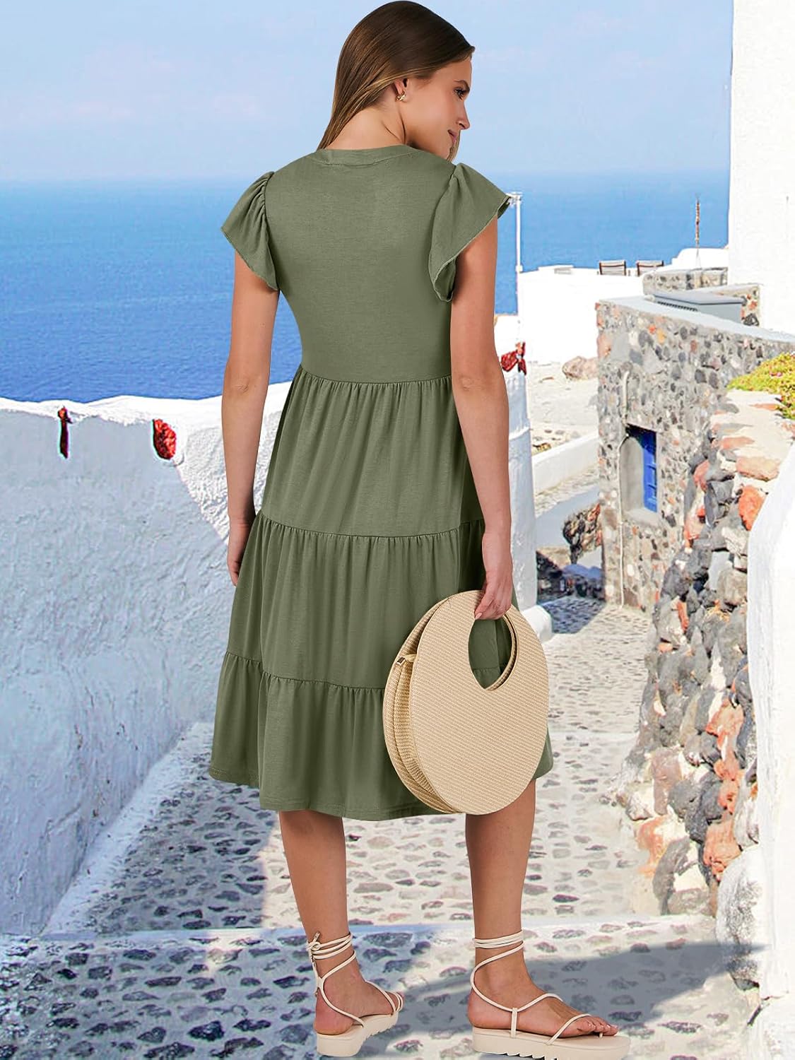 Womens Ruffle Sleeve V Neck Midi Dress Flowy Tiered Boho Beach Vacation Sundress - Picture 71 of 198