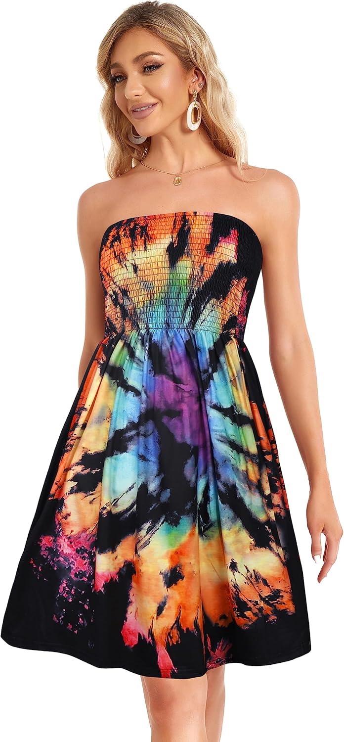 Summer Dresses for Women Beach Cover Ups Strapless Boho Floral Print Sundress - Picture 118 of 248