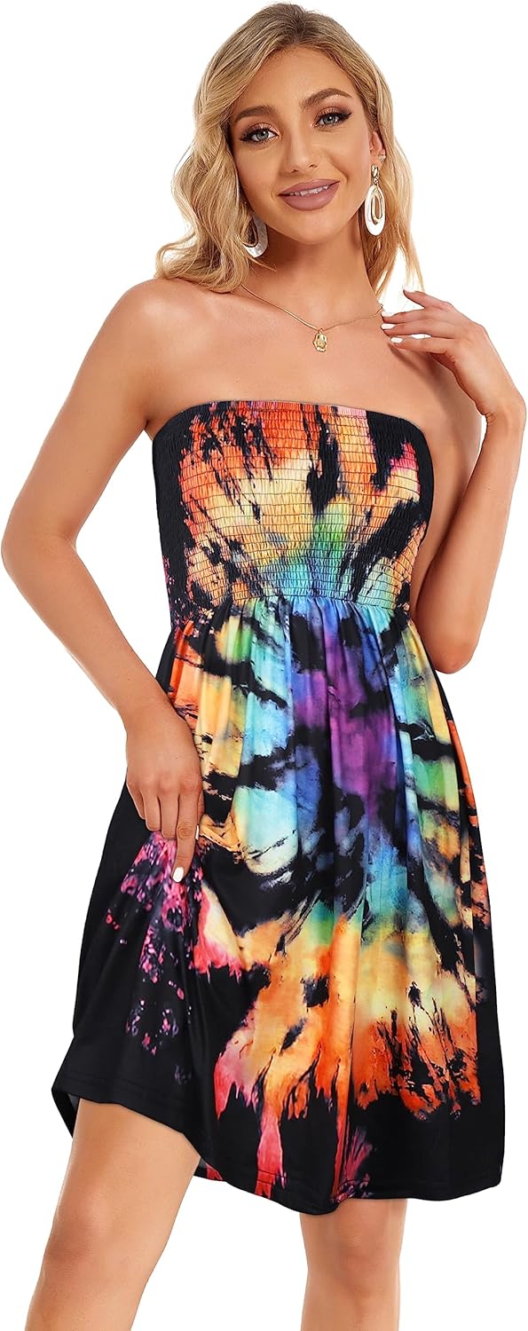 Summer Dresses for Women Beach Cover Ups Strapless Boho Floral Print Sundress - Picture 119 of 248