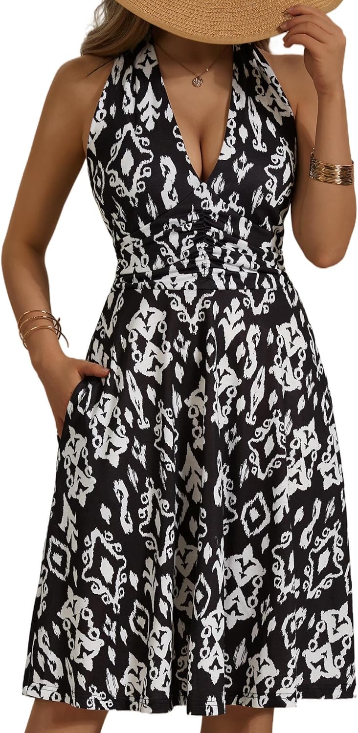 Women's Sleeveless Halter Neck Sundress Floral Mini Dress with Pocket Ruffle - Picture 140 of 166