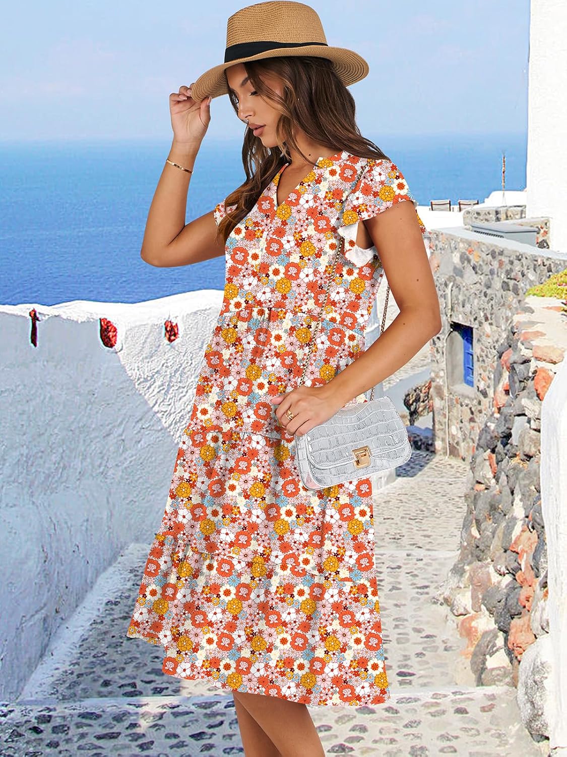 Womens Ruffle Sleeve V Neck Midi Dress Flowy Tiered Boho Beach Vacation Sundress - Picture 75 of 198