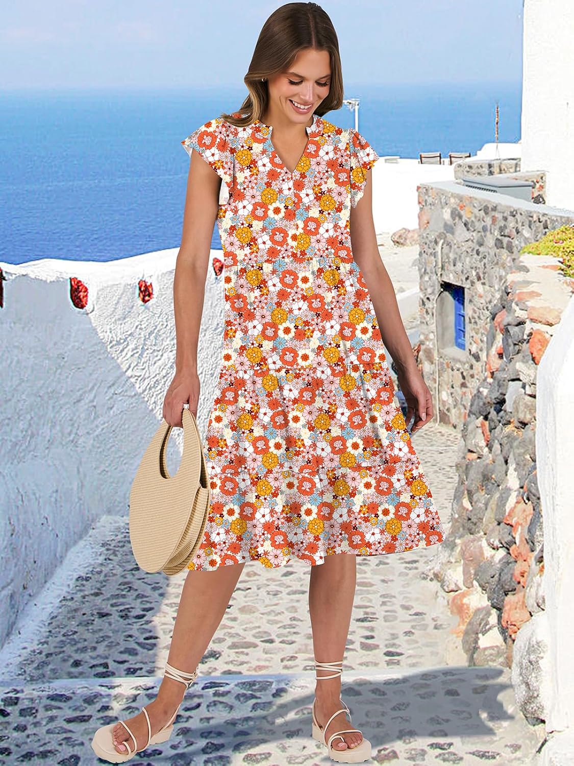 Womens Ruffle Sleeve V Neck Midi Dress Flowy Tiered Boho Beach Vacation Sundress - Picture 76 of 198