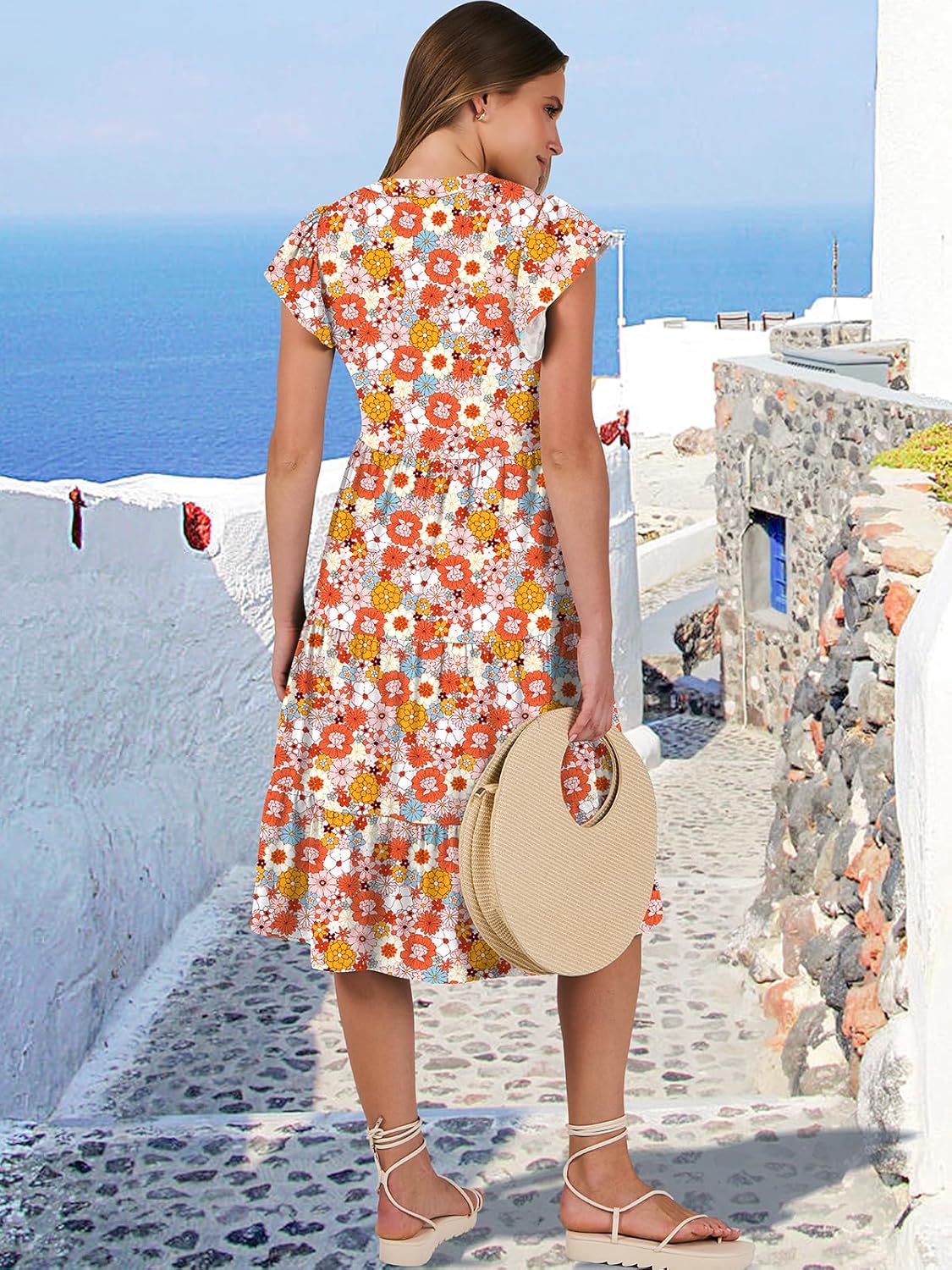 Womens Ruffle Sleeve V Neck Midi Dress Flowy Tiered Boho Beach Vacation Sundress - Picture 77 of 198