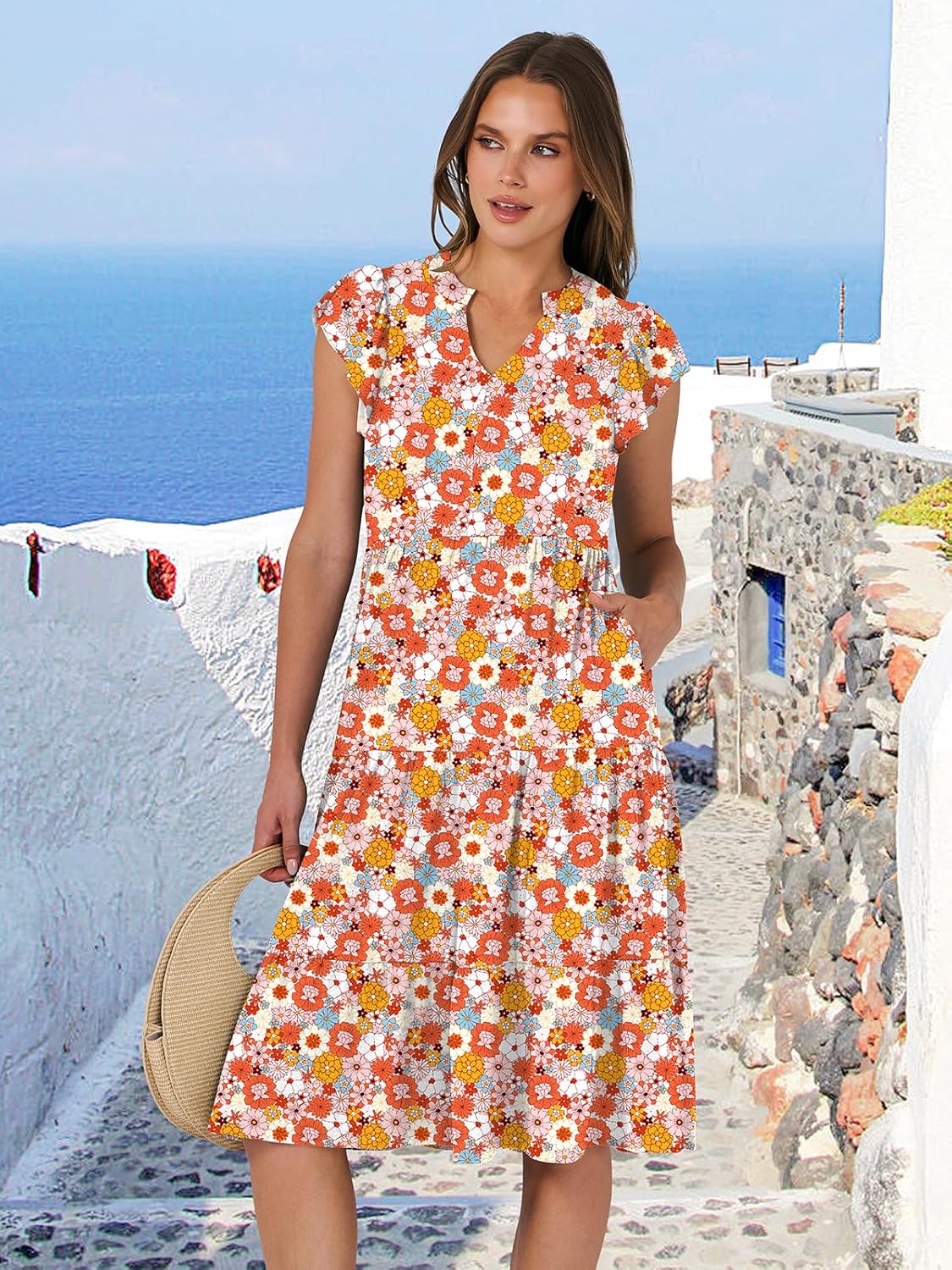 Womens Ruffle Sleeve V Neck Midi Dress Flowy Tiered Boho Beach Vacation Sundress - Picture 78 of 198