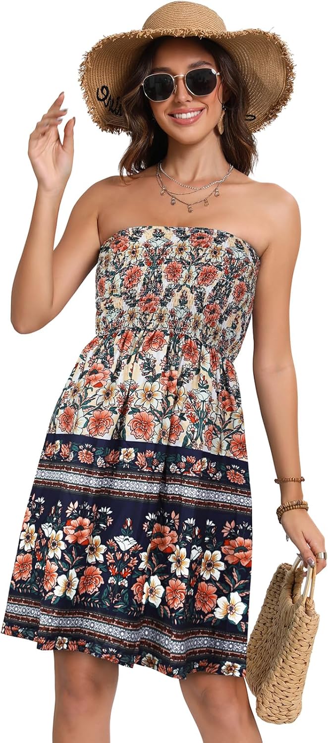 Summer Dresses for Women Beach Cover Ups Strapless Boho Floral Print Sundress - Picture 125 of 248
