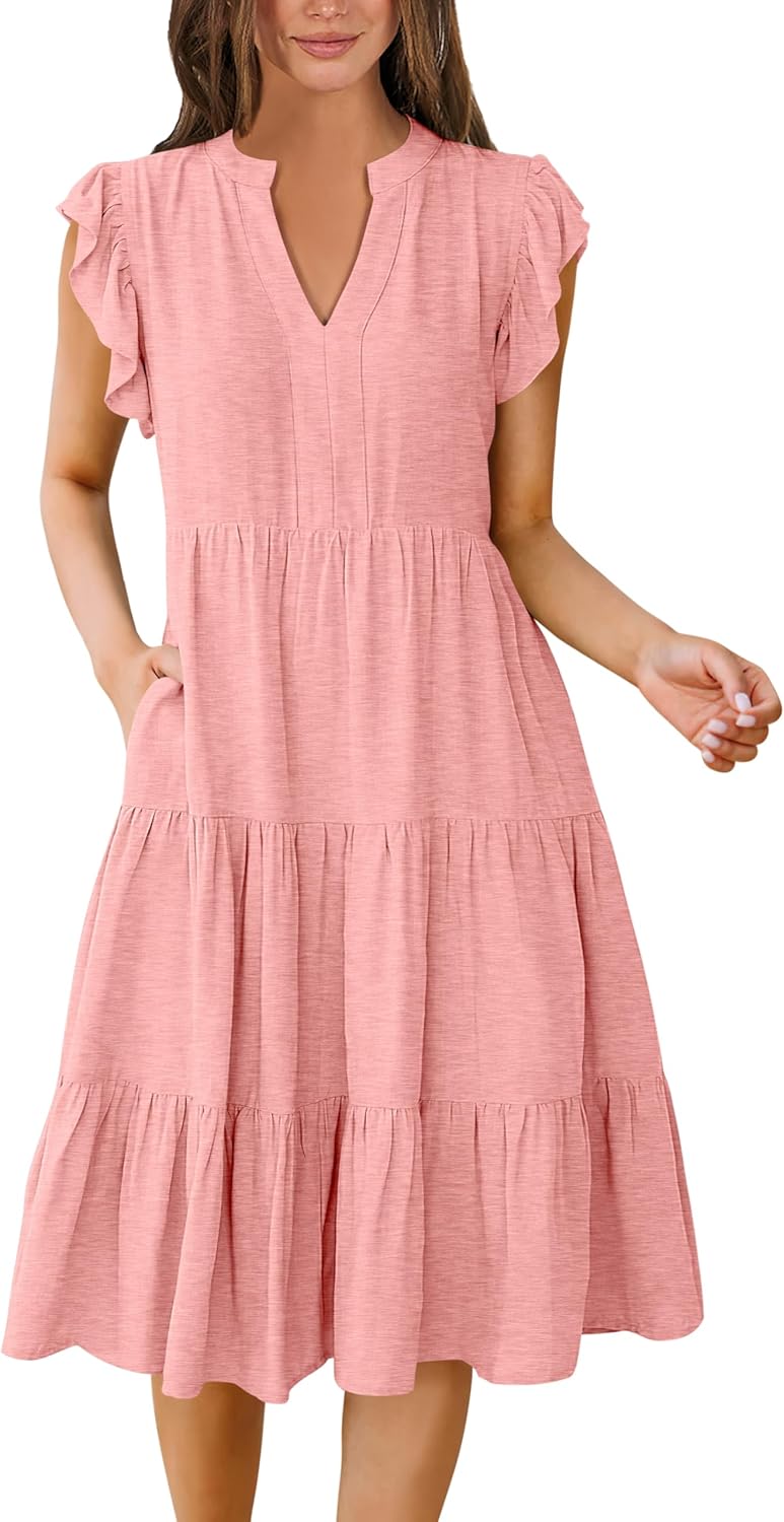Womens Ruffle Sleeve V Neck Midi Dress Flowy Tiered Boho Beach Vacation Sundress - Picture 79 of 198