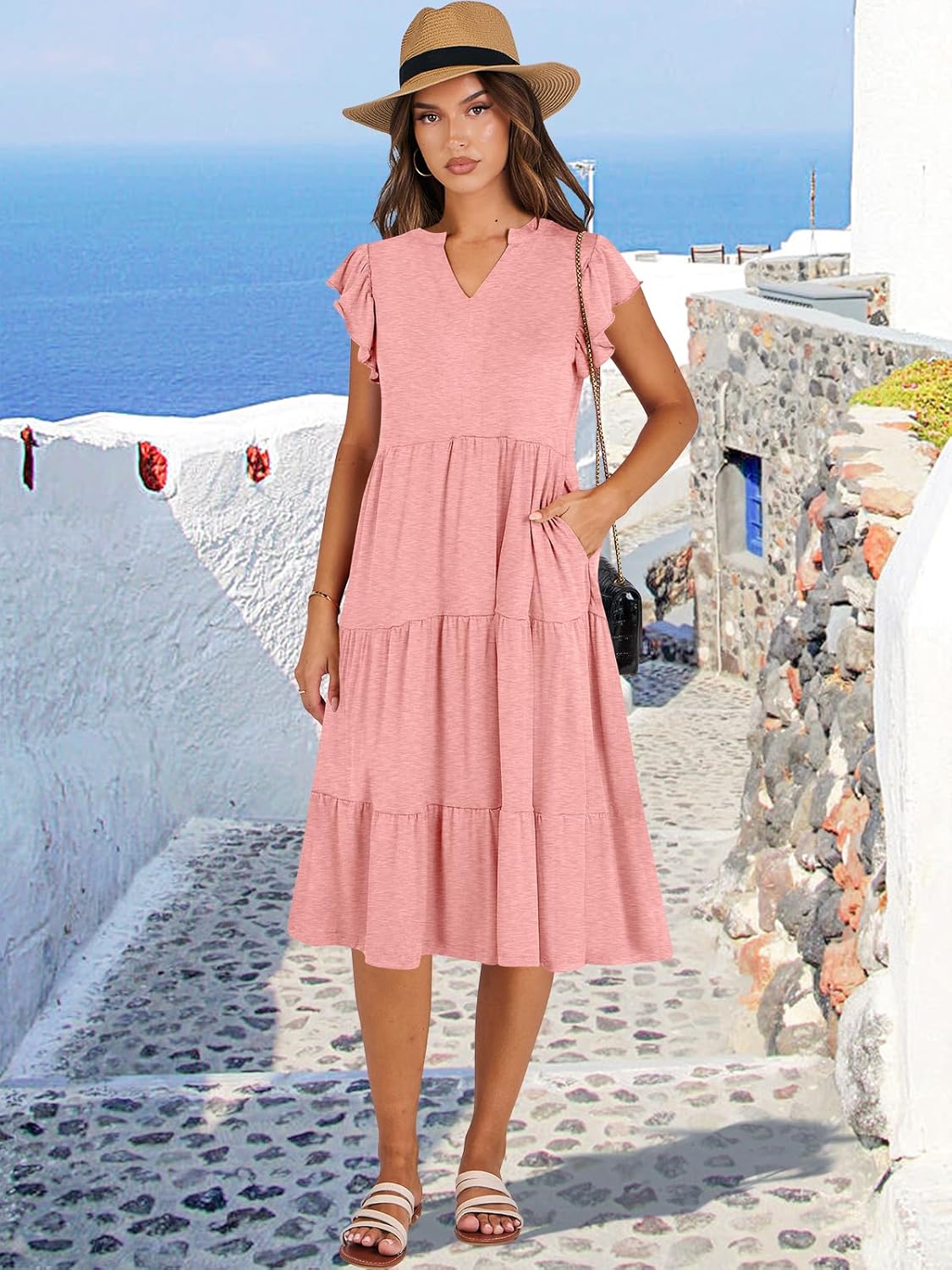 Womens Ruffle Sleeve V Neck Midi Dress Flowy Tiered Boho Beach Vacation Sundress - Picture 80 of 198