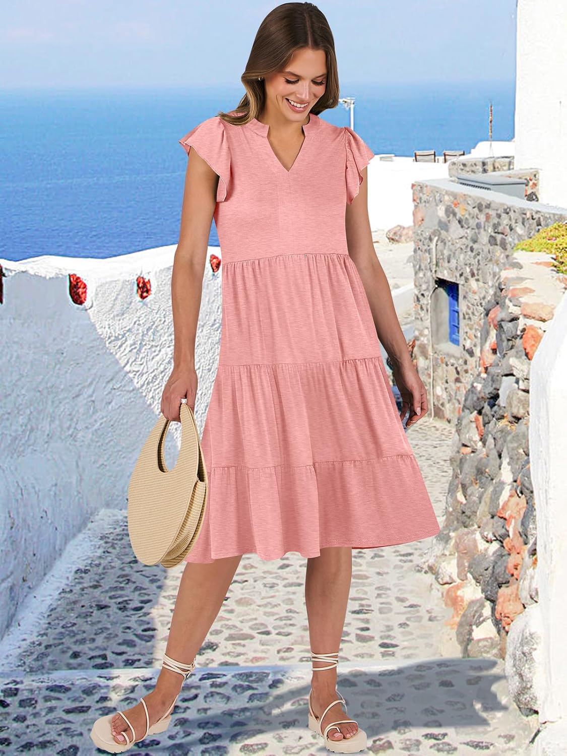 Womens Ruffle Sleeve V Neck Midi Dress Flowy Tiered Boho Beach Vacation Sundress - Picture 82 of 198
