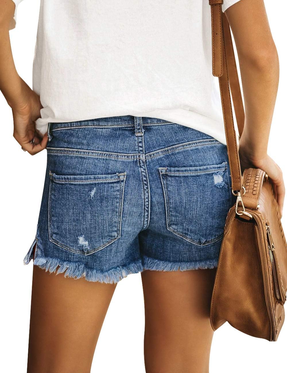 Women's Casual Mid Rise Denim Shorts Stretch Ripped Raw Hem Jean Shorts - Picture 26 of 142