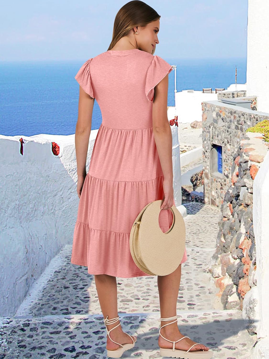 Womens Ruffle Sleeve V Neck Midi Dress Flowy Tiered Boho Beach Vacation Sundress - Picture 83 of 198