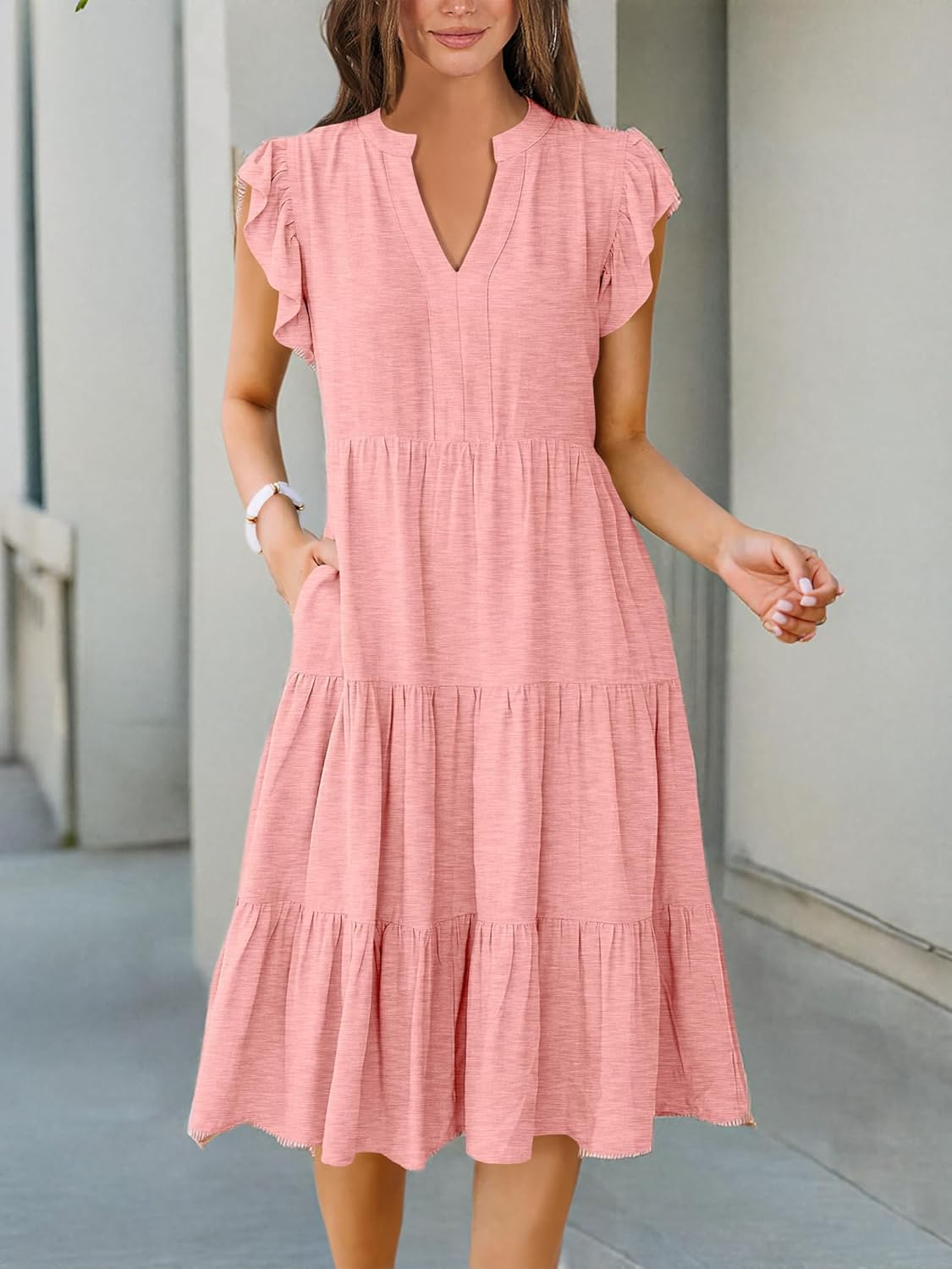 Womens Ruffle Sleeve V Neck Midi Dress Flowy Tiered Boho Beach Vacation Sundress - Picture 85 of 198