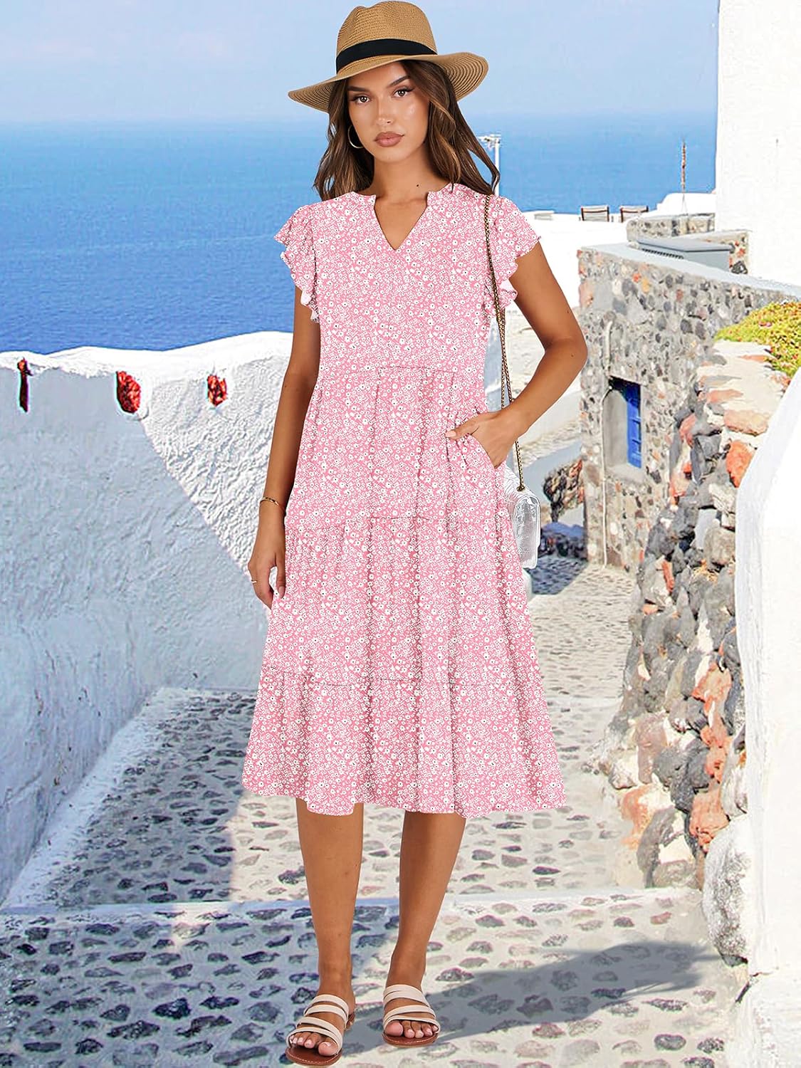 Womens Ruffle Sleeve V Neck Midi Dress Flowy Tiered Boho Beach Vacation Sundress - Picture 87 of 198