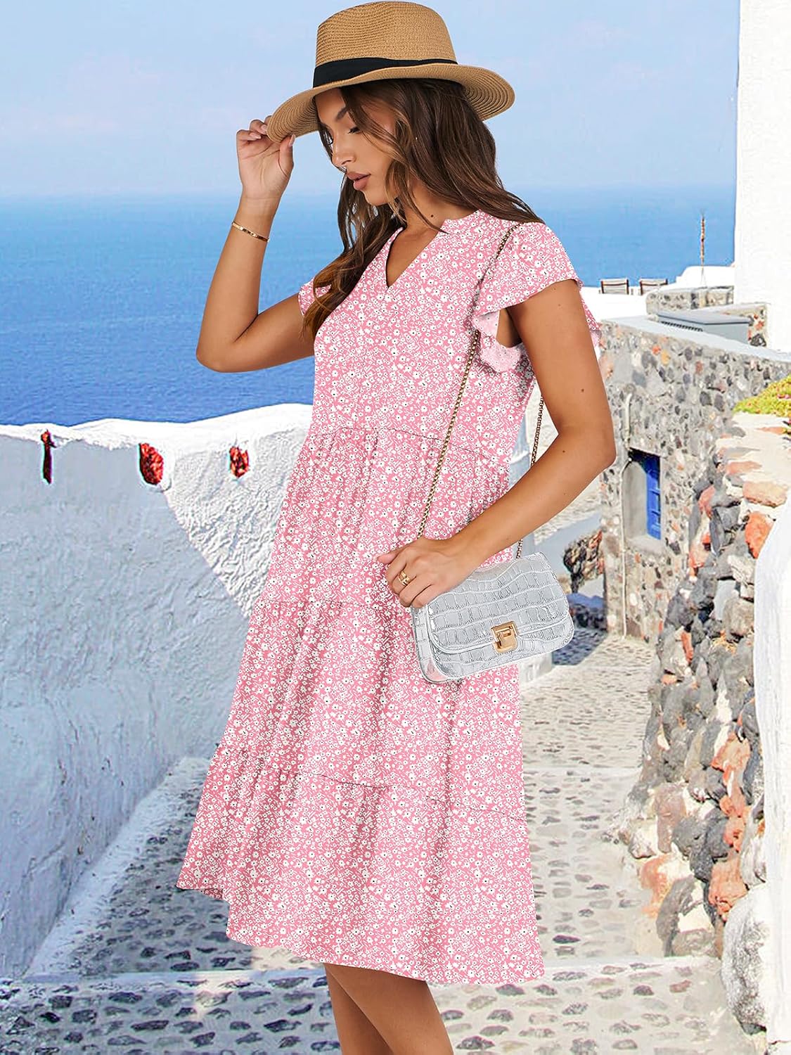 Womens Ruffle Sleeve V Neck Midi Dress Flowy Tiered Boho Beach Vacation Sundress - Picture 88 of 198