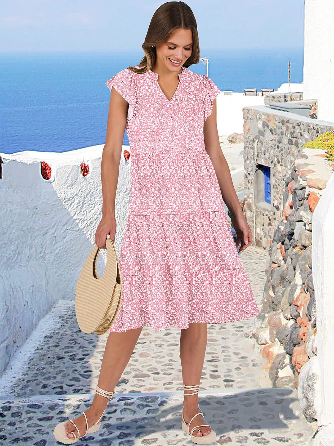 Womens Ruffle Sleeve V Neck Midi Dress Flowy Tiered Boho Beach Vacation Sundress - Picture 89 of 198