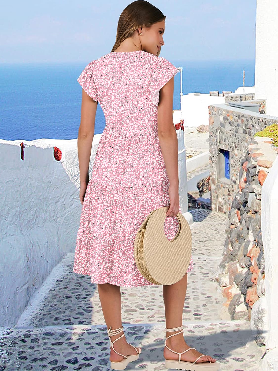 Womens Ruffle Sleeve V Neck Midi Dress Flowy Tiered Boho Beach Vacation Sundress - Picture 90 of 198