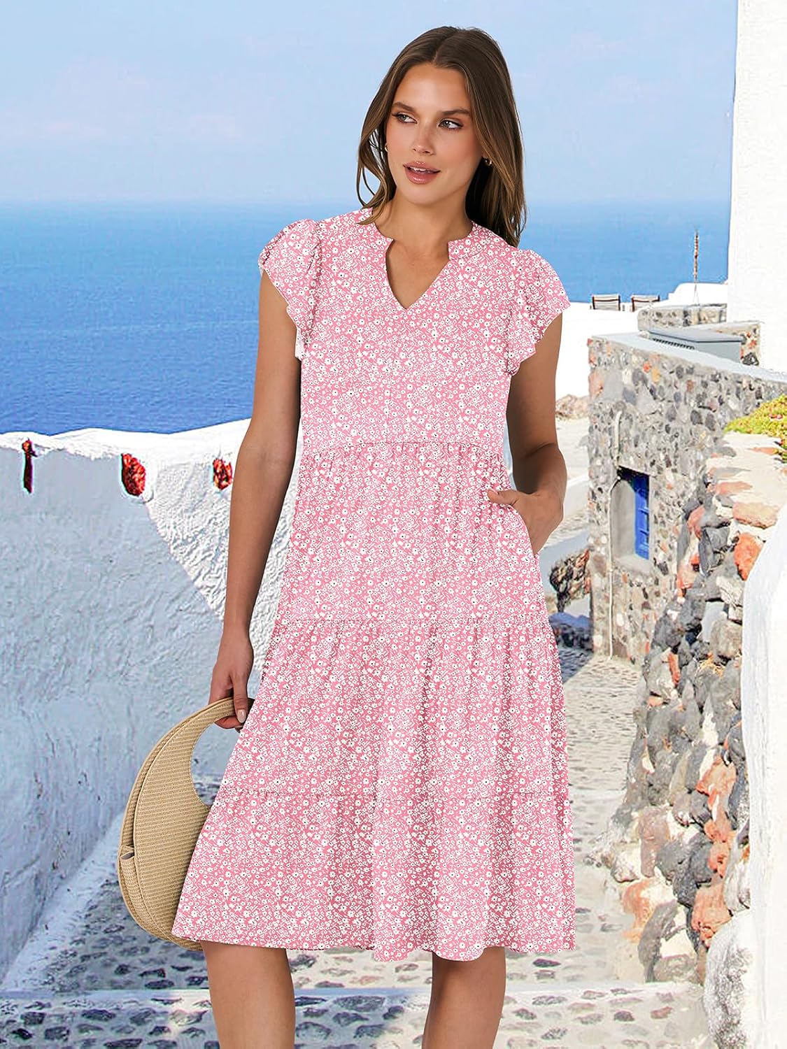 Womens Ruffle Sleeve V Neck Midi Dress Flowy Tiered Boho Beach Vacation Sundress - Picture 91 of 198