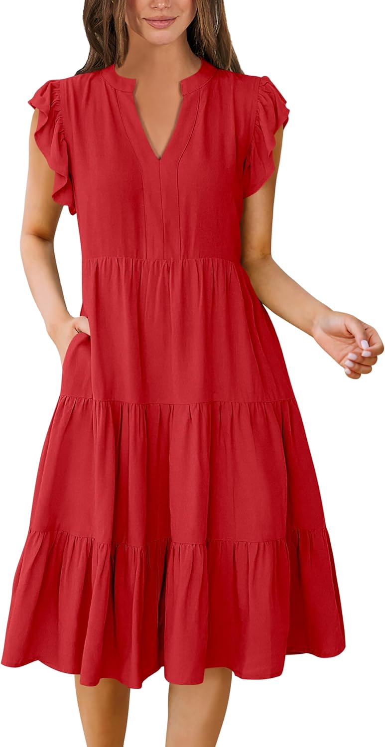 Womens Ruffle Sleeve V Neck Midi Dress Flowy Tiered Boho Beach Vacation Sundress - Picture 92 of 198